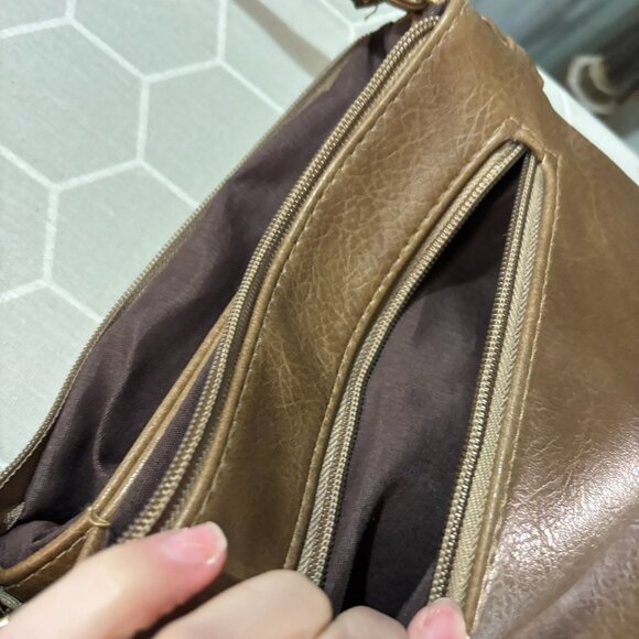 Crossbody Purse Shoulder Bag, Slouchy. Zippered, pockets, dark camel color - Picture 6 of 15